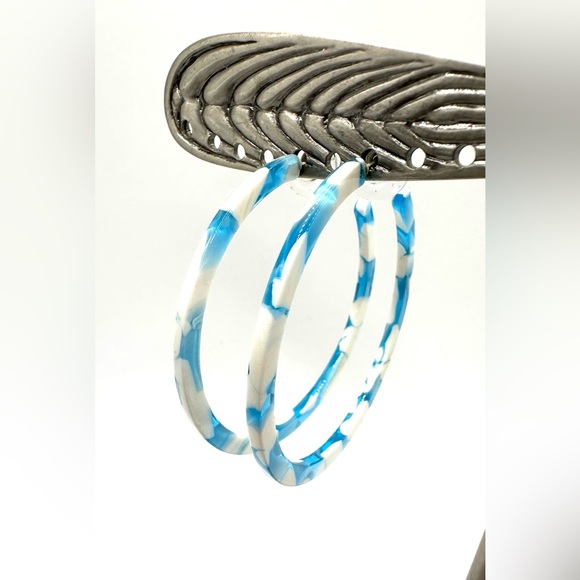 Turquoise Aqua & White Large Hoop Pierced Earrings-Retro Look! - Picture 5 of 10